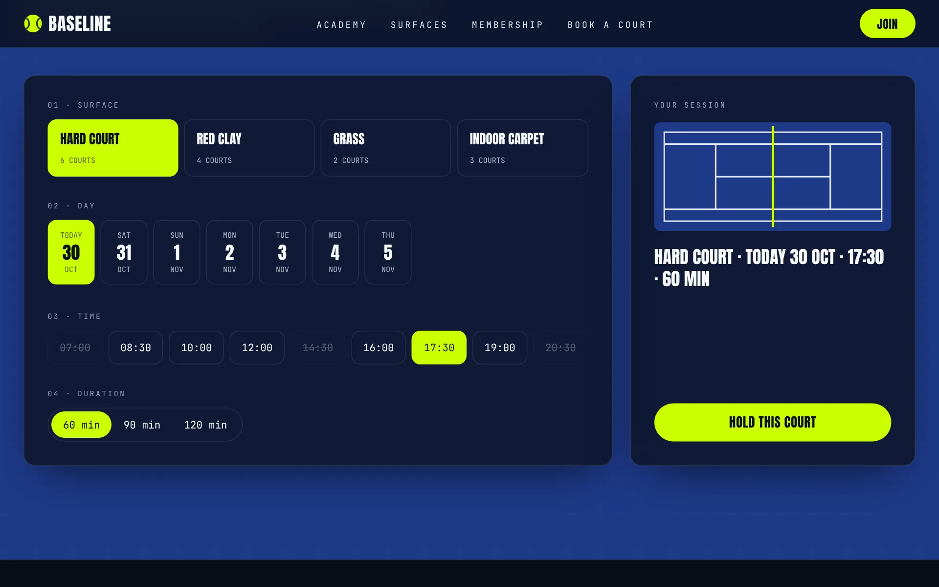 Baseline court booking: surface, day, time and duration, with a session summary
