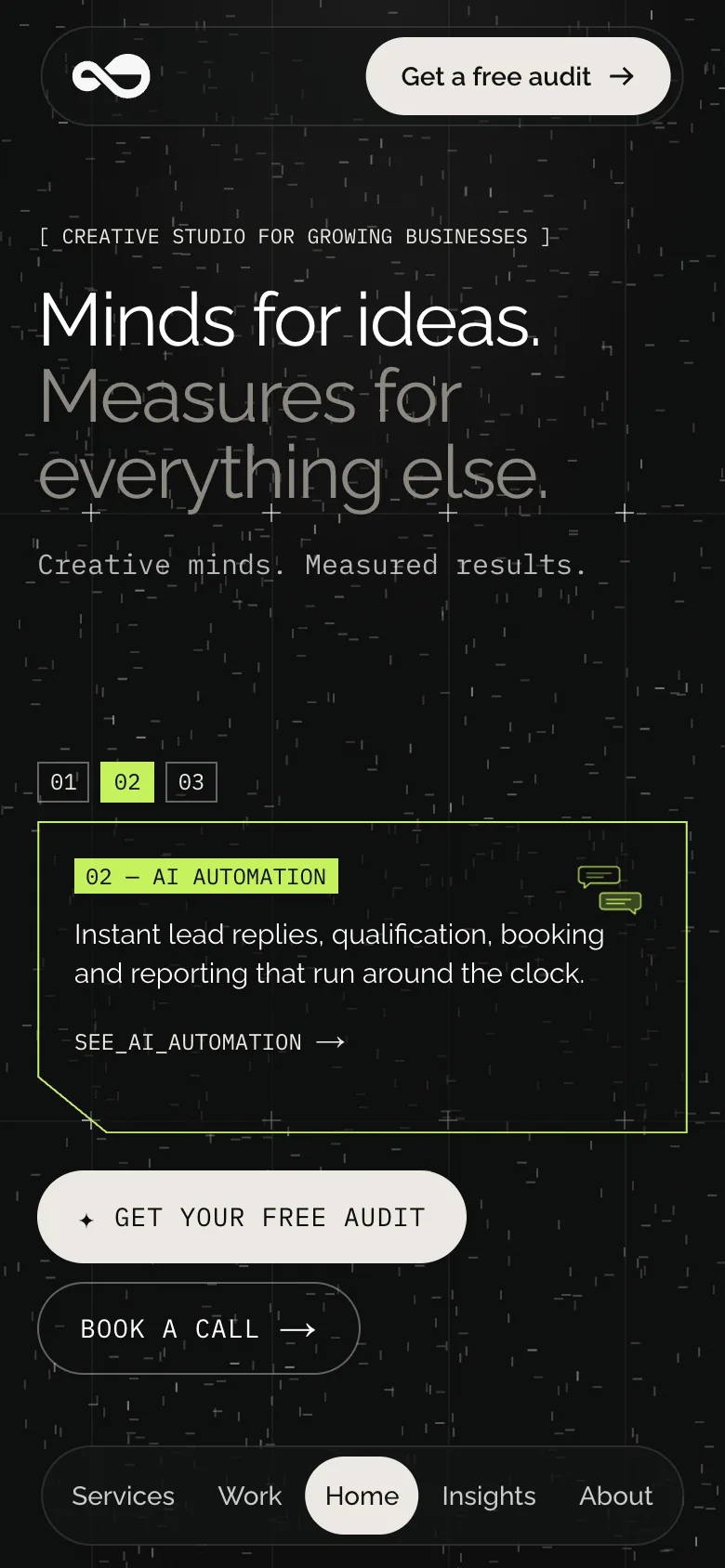 MeasureMinds Creative home page on a phone
