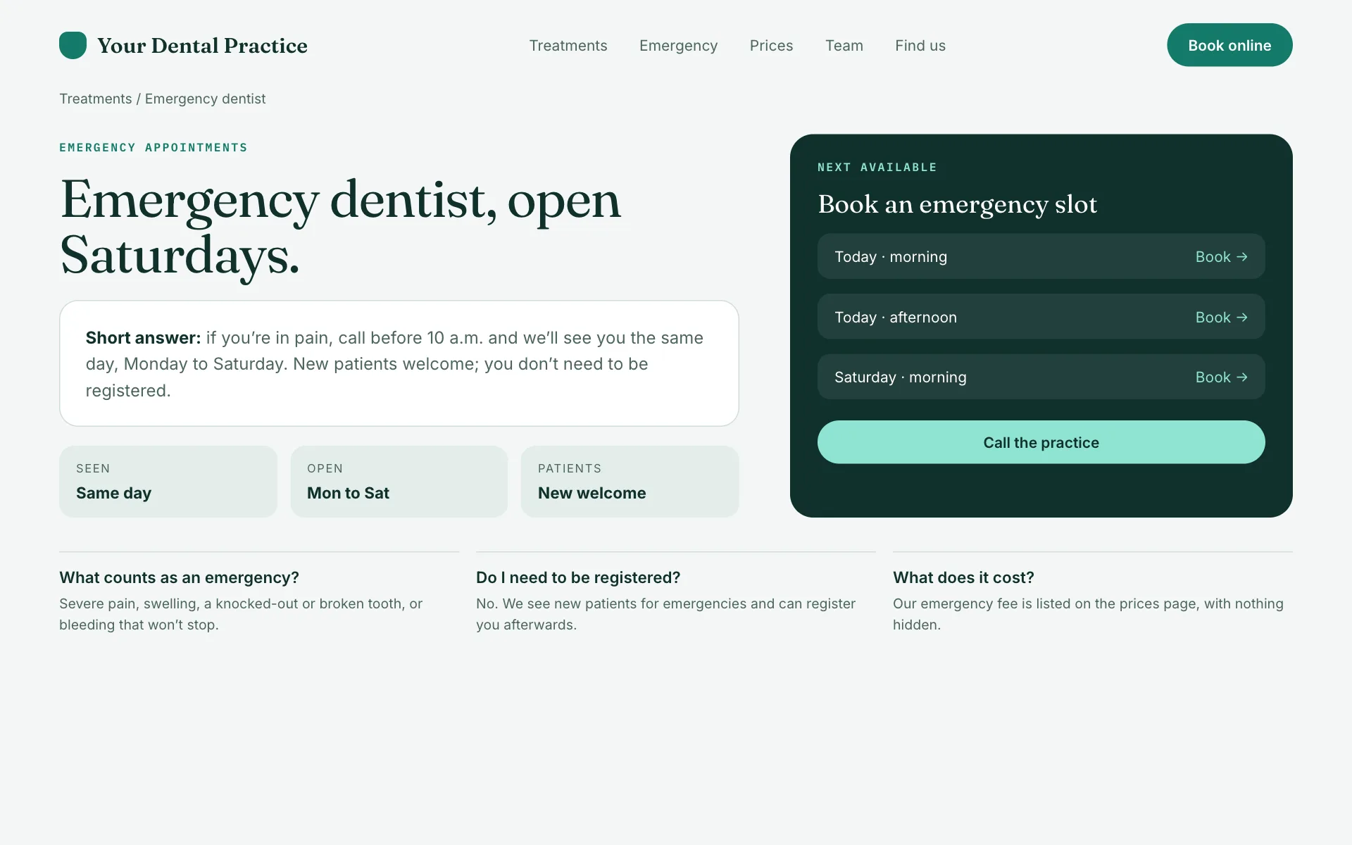 A treatment page that answers first, with emergency appointment times