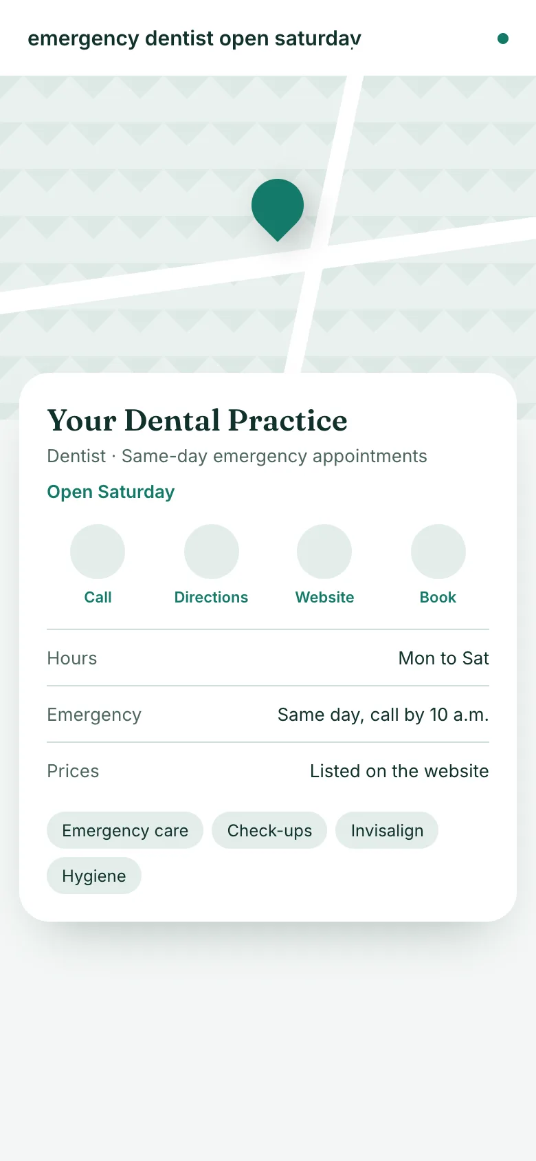A map listing with hours, services and booking