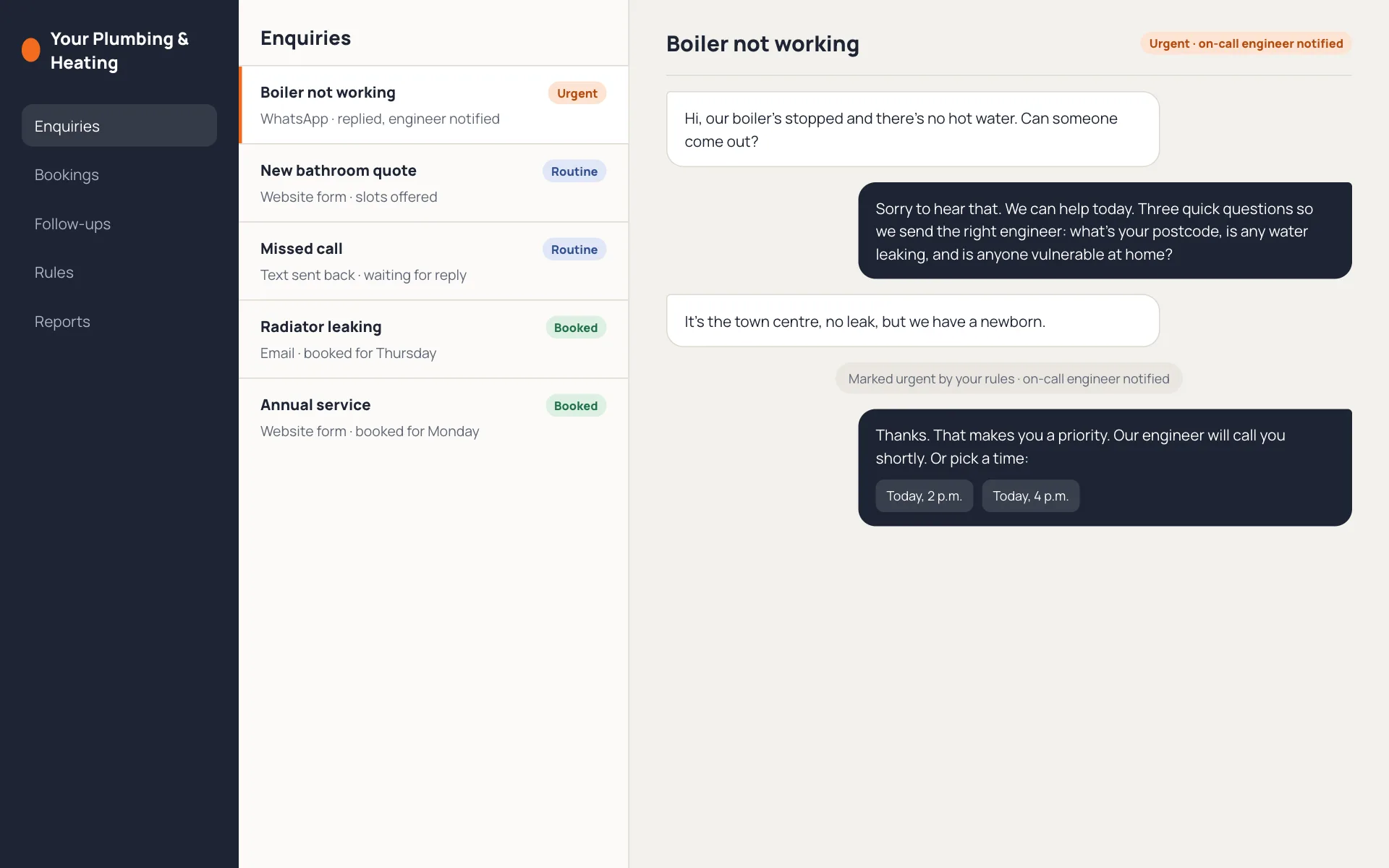 An enquiry inbox where an urgent job is flagged and the engineer notified