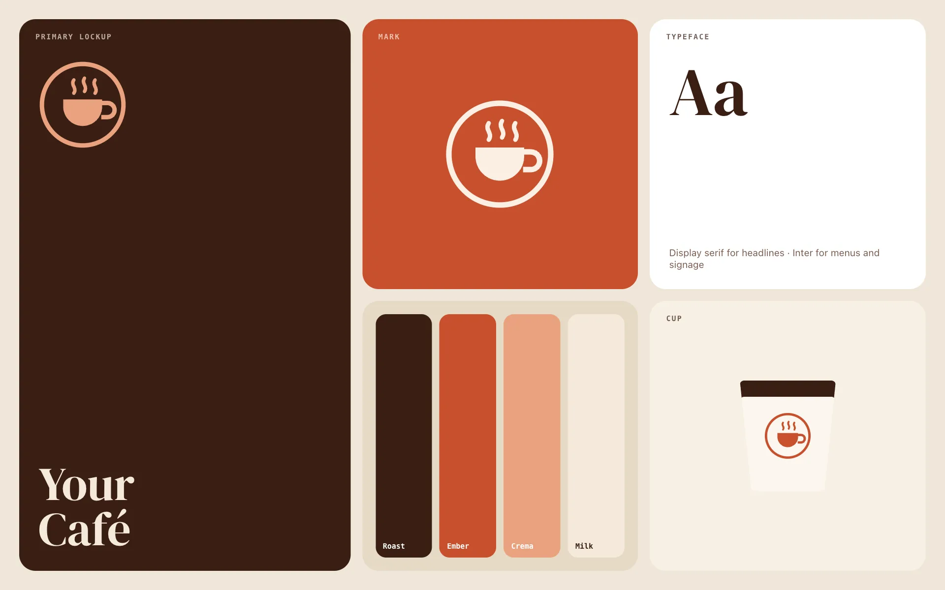 A brand board: logo, mark, typeface, colours and cup