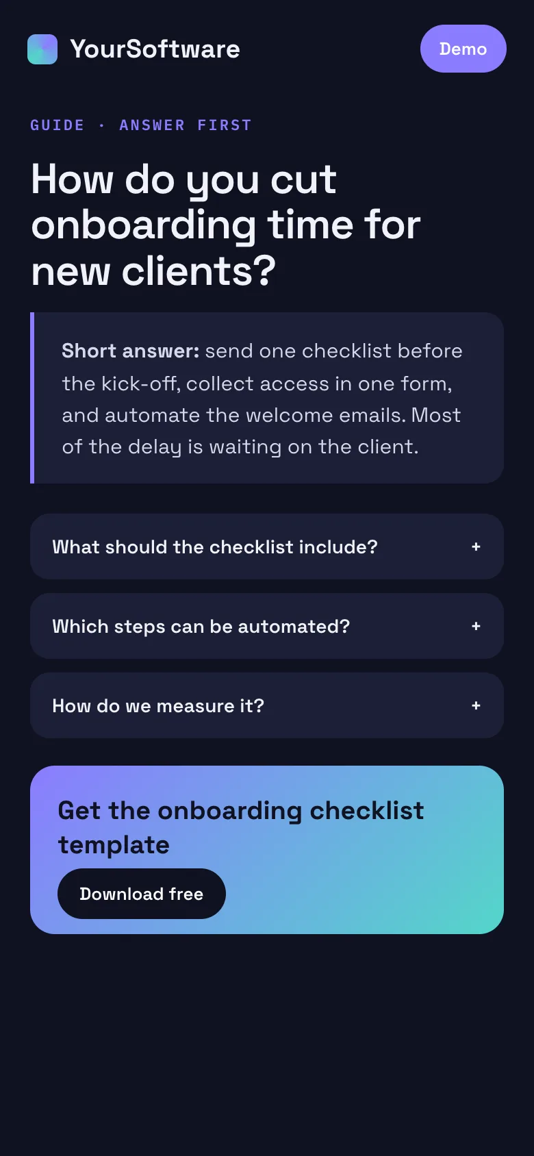 An answer-first guide with an FAQ and a template download