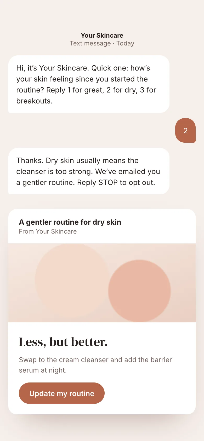 A text message check-in followed by a tailored email