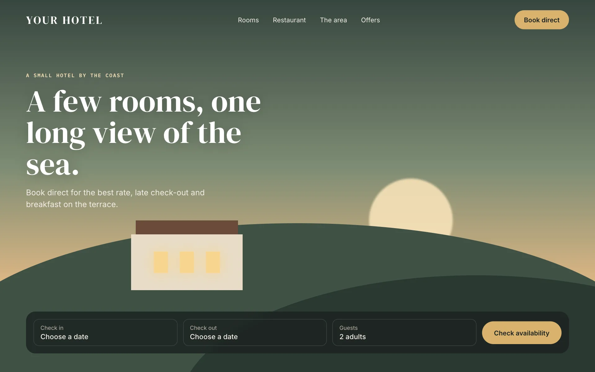 A hotel home page with a book-direct bar