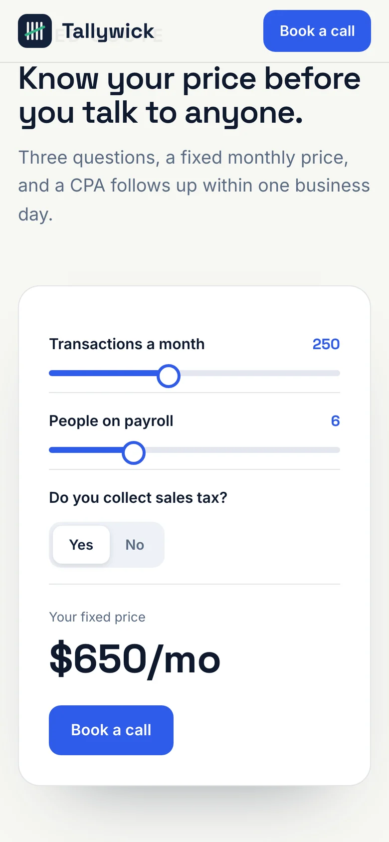 The quote calculator on a phone
