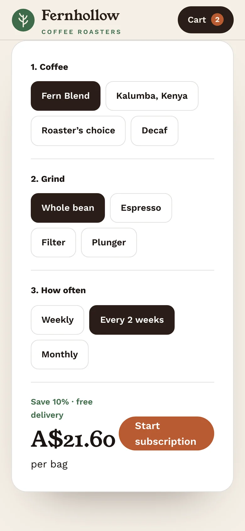 The subscription builder on a phone