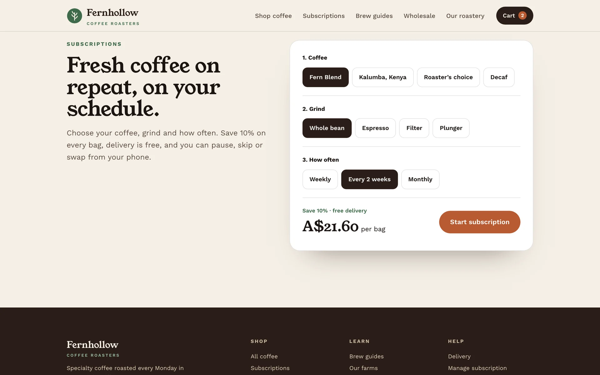 Fernhollow subscription builder: coffee, grind and frequency