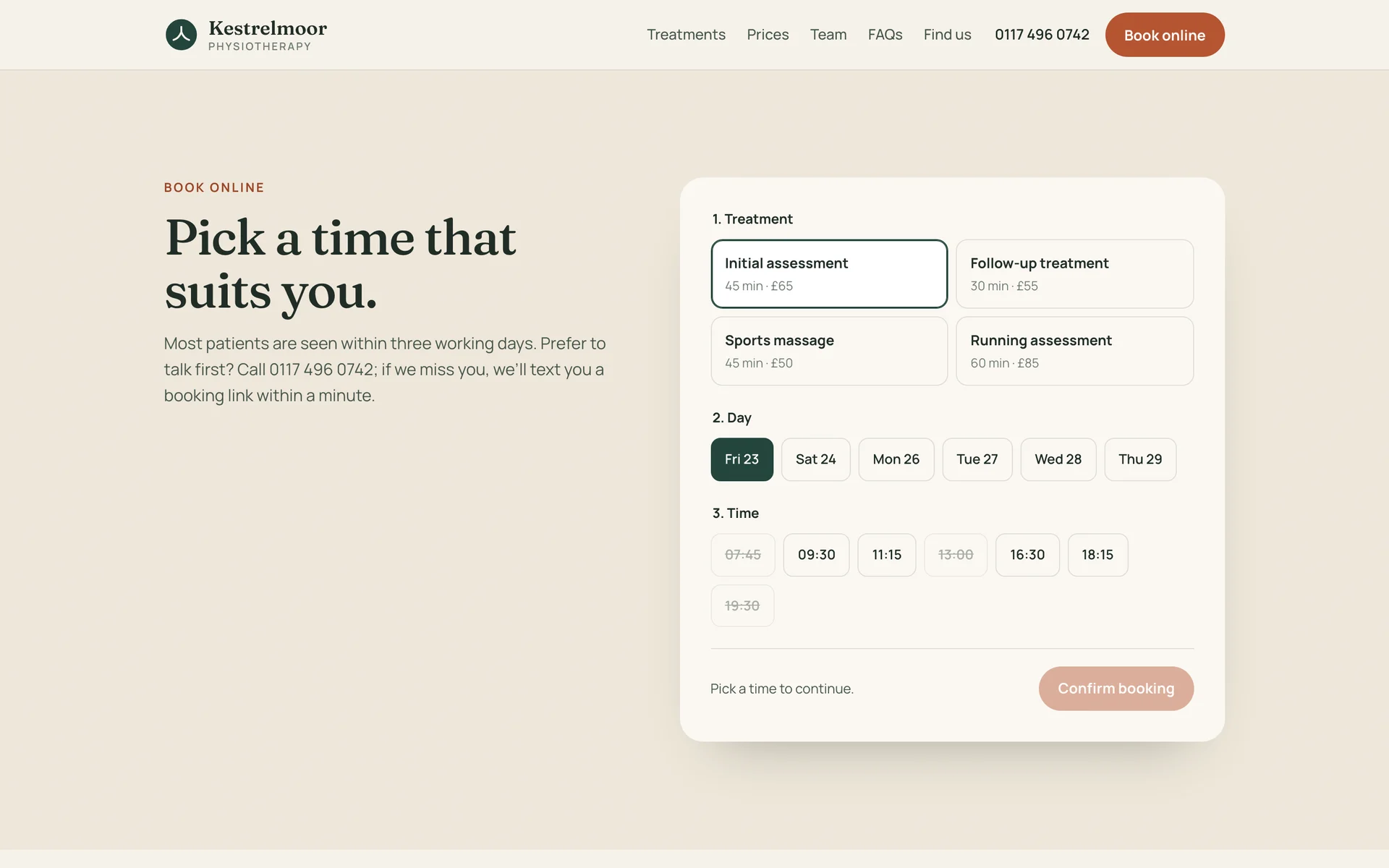 Kestrelmoor online booking: treatment, day and time