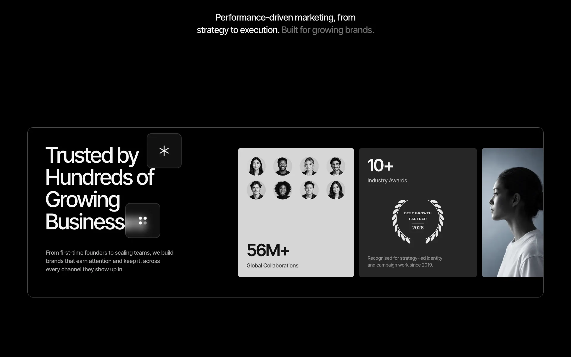 Lunar trust panel: Trusted by hundreds of growing businesses, with avatar, awards and portrait cards