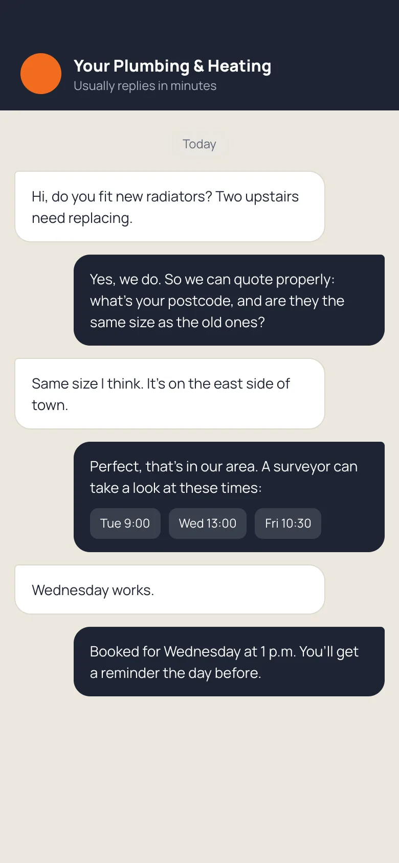 A chat where an enquiry is answered and booked